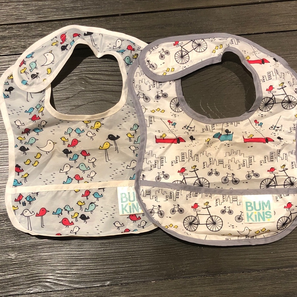 Bumkins Baby Bibs in White with Multicolor Bird & Bicycle Prints - Set of 2